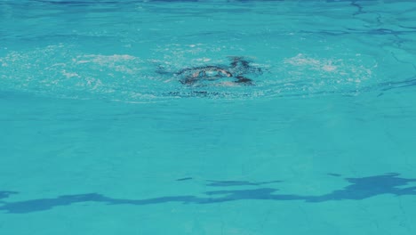 Vista-Frontal-De-Una-Joven-Nadadora-Haciendo-Ejercicio-De-Braza-En-La-Piscina.