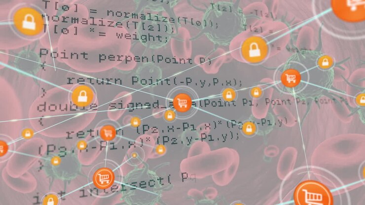 Rete di icone digitali e elaborazione dati contro cellule COVID-19 e vasi sanguigni
