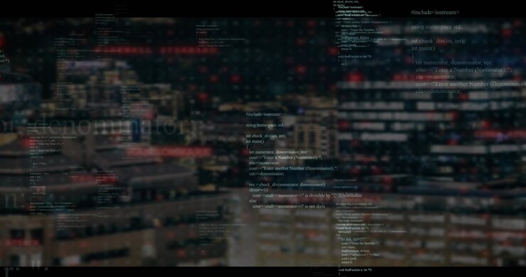 Code snippet array being animated over nighttime urban skyline, showing floating C++ text blocks