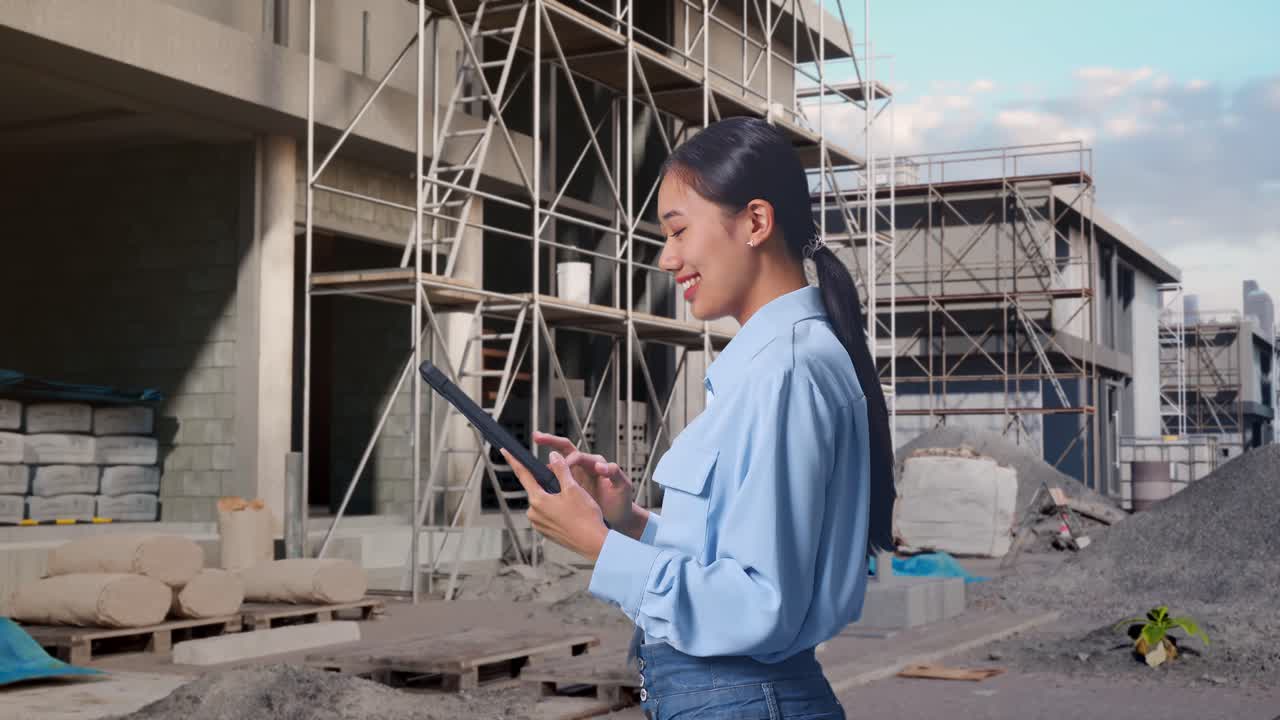 Side View Of Asian Female With Her Tablet At Construction Site in Progress to New House, Checking On Her Tablet With Meditation