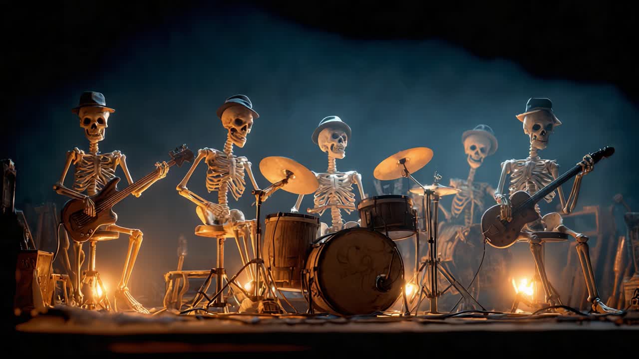 A Vibrant Skeleton Band Rocks the Stage with Musical Energy and Enthusiasm, Creating a Unique and Fun Atmosphere Filled with Joy and Entertainment