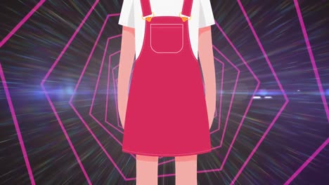 animation of girl with face mask icon over moving shapes