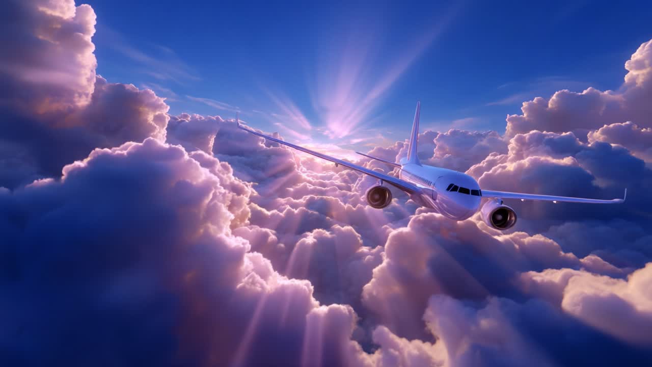 A Majestic Airplane Soaring Through the Vibrant, Sunlit Clouds at Dawn, Capturing the Essence of Freedom and Adventure Above the World, Unveiling the Beauty of Skies and Nature's Breathtaking Palette
