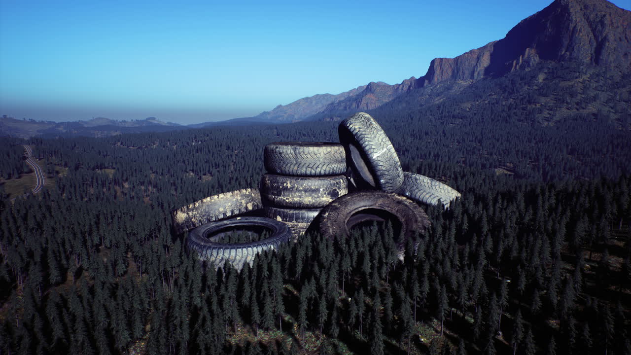 Mountains surrounded by abandoned tires in a forested area