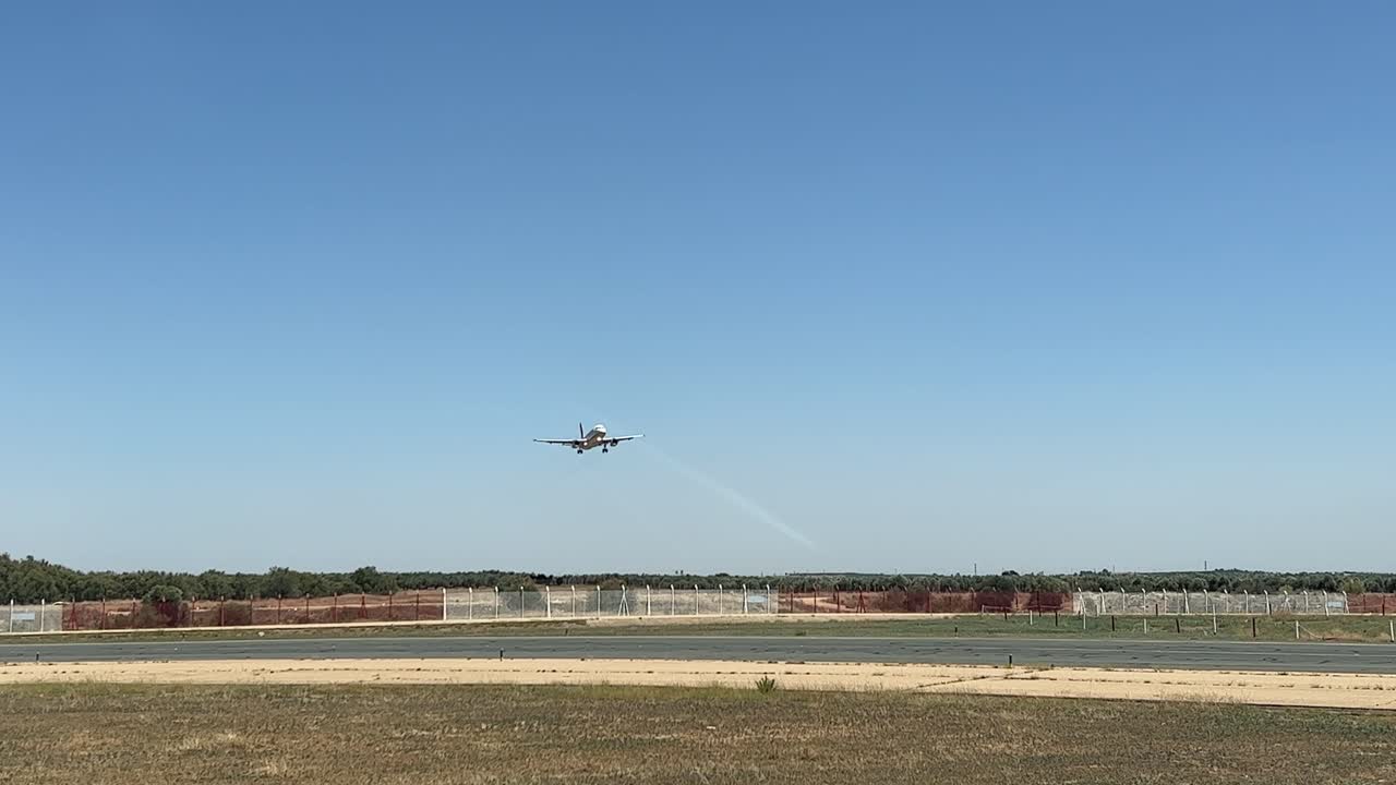 활주로 에 착륙 하는 에어버스 320 의 외부 전망