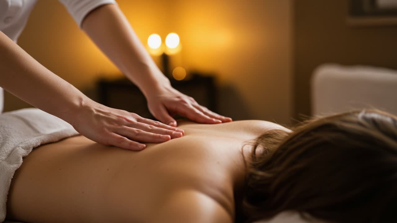 Relaxing Massage Therapy Session: Techniques for Stress Relief and Muscle Relaxation in a Calm Ambiance with Soft Lighting and Comfortable Surroundings
