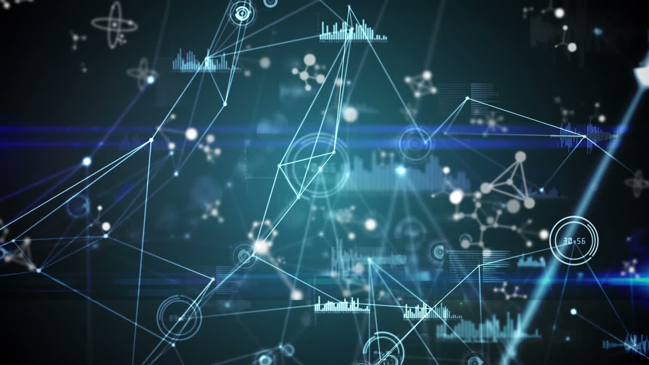 디지털 검은색과 파란색 공간에서 다양한 데이터를 가진 연결 네트워크의 애니메이션