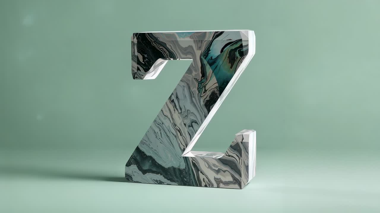 Starting camera orbit, marble-textured letter Z rotating on mint backdrop, showing shifting veins