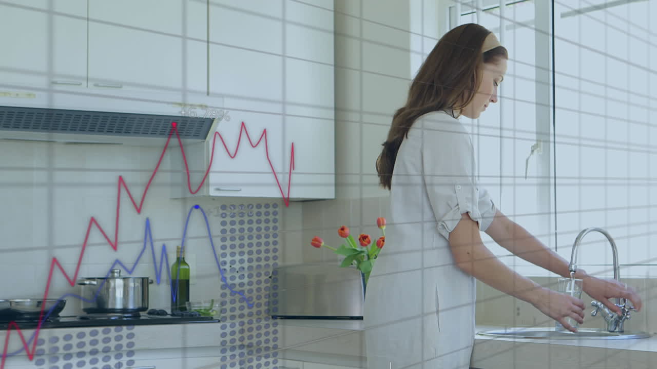 변화하는 숫자를 가진 여러 그래프의 애니메이션, 유리잔을 채우고 물을 마시는 백인 여성