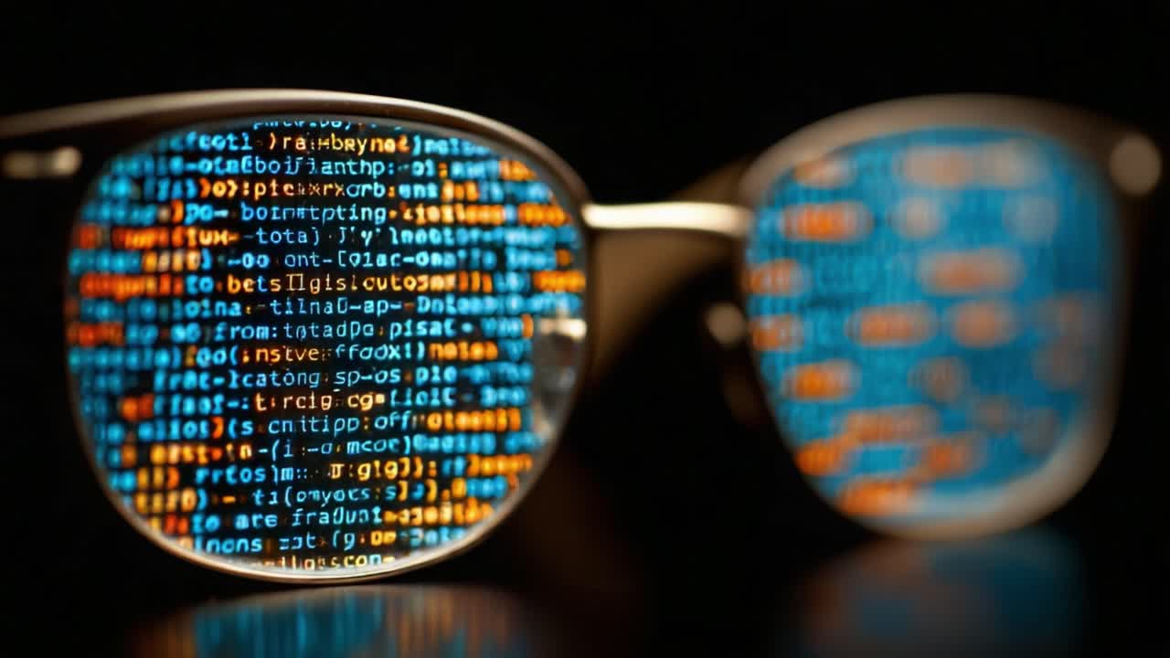 Exploring the World of Code: Reflections of Programming Languages Displayed on Glasses, Showcasing the Intricacies of Software Development and Technology