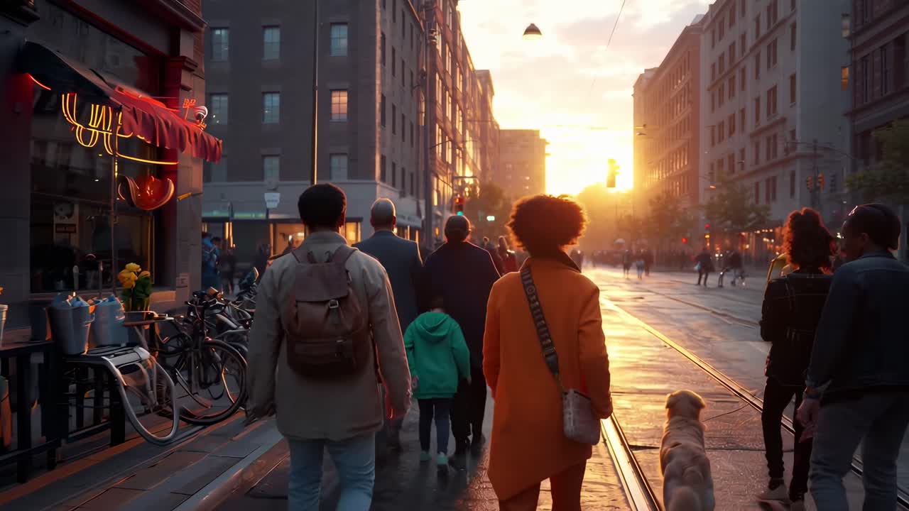 Videobild från gatunivå vid solnedgången, som fångar människor som promenerar i en livlig stadsmiljö.