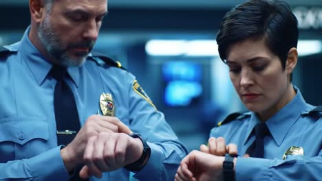 police officers checking smartwatches