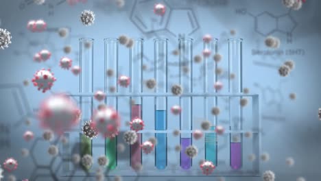 animación de células de covid 19 sobre estructuras de compuestos químicos y tubos de ensayo