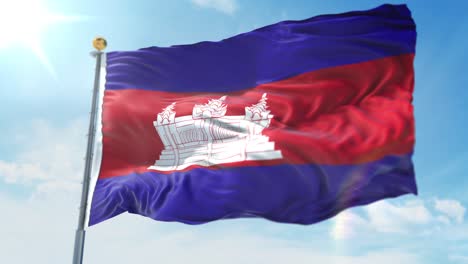 4k-Ilustración-3d-De-La-Bandera-Ondeante-En-Un-Poste-Del-País-Camboya