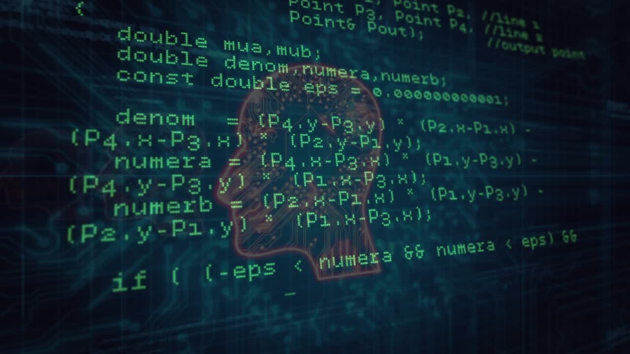 Slow panning initiating green code scrolling, red head silhouette emerging to suggest cybersecurity