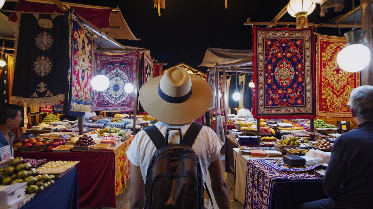 A wide-angle video captures a vibrant market scene at eye level, showcasing colorful textiles
