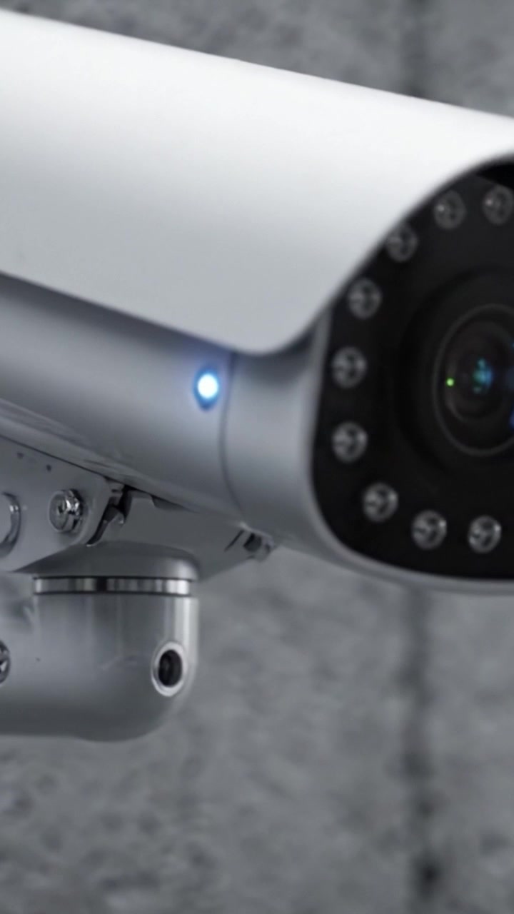 Close-Up of a Modern Security Camera Mounted on a Wall, Showcasing Its Sleek Design and Blue Indicator Light for Surveillance Monitoring and Protection