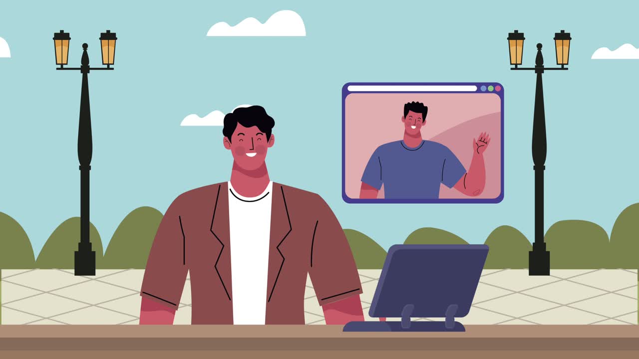 video conference animation with young man using laptop