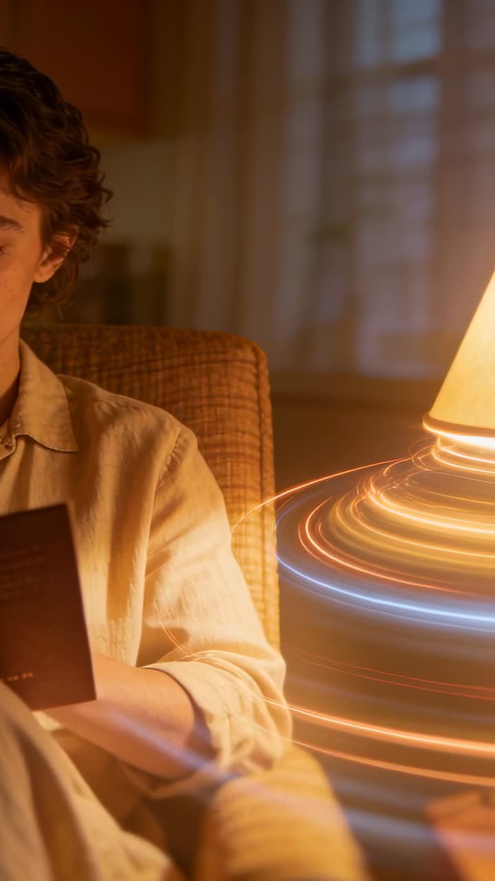 Vídeo vertical: Homem lendo de camisa, sentado em cadeira em casa, virando páginas enquanto lâmpada em espiral ilumina livro, espaço para texto.