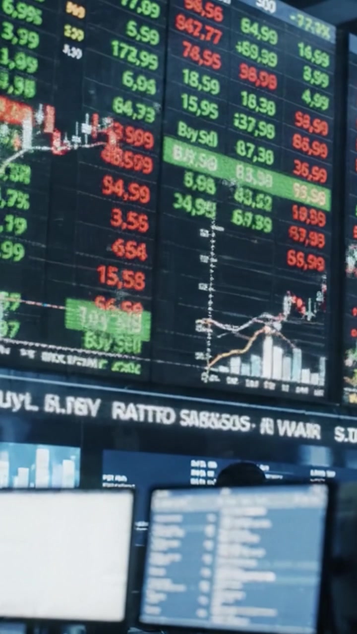 Pannello dinamico del mercato azionario che mostra dati di trading in tempo reale e movimenti dei prezzi con analisi e indicatori tecnici, catturato in un coinvolgente ambiente finanziario.