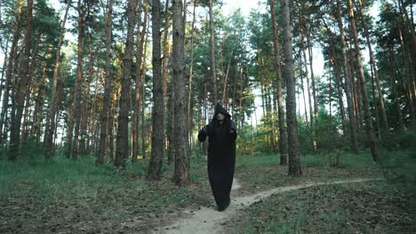 evil ghost hooded creature walking across forest. halloween