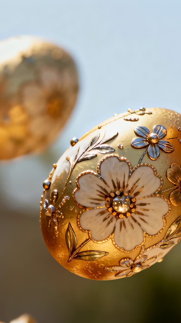 Vertical video: Rotating gold egg revealing gems as camera moving closer in blue sky, blurred egg