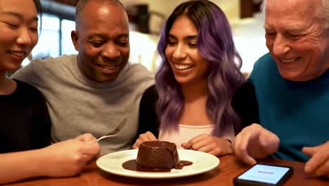 a joyful gathering: friends sharing delight over decadent chocolate dessert, capturing moments of laughter and connection around a dinner table