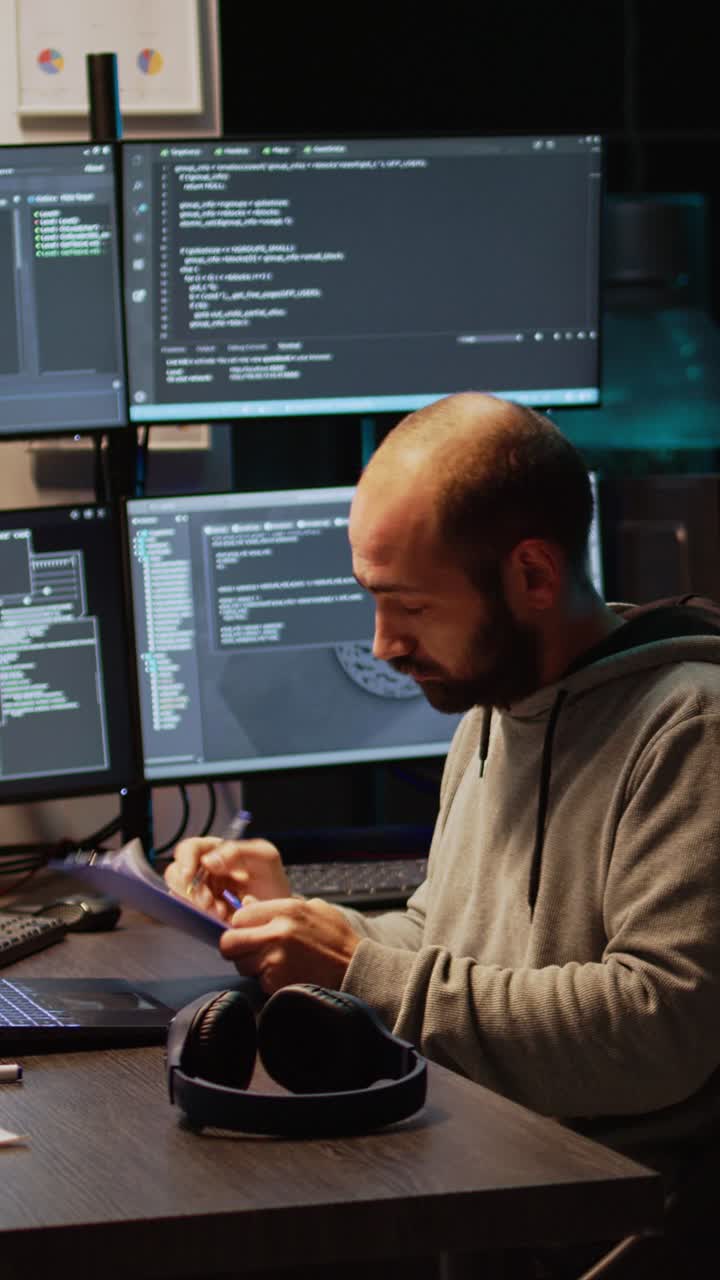 Vertical video: IT web developer comparing data files on clipboard papers