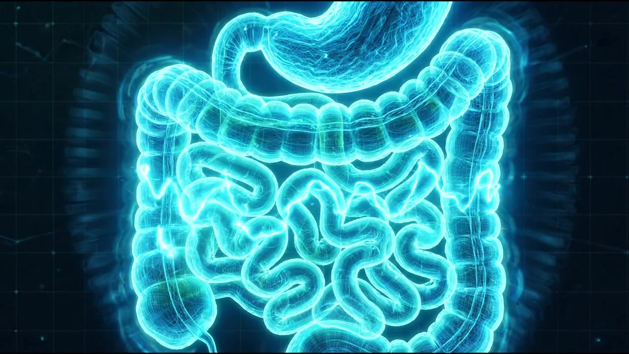 Leuchtend blaue Drahtgitter-Därme und Magen auf dunklem digitalem medizinischem Hintergrund