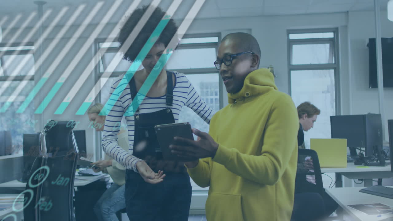 Animation of graphs, globe and computer language over diverse coworkers discussing over tablet