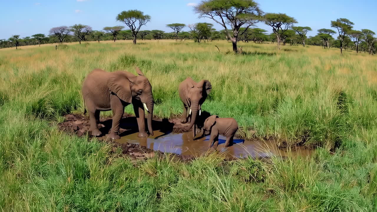 Two Elephants at a Waterhole in the African Savanna