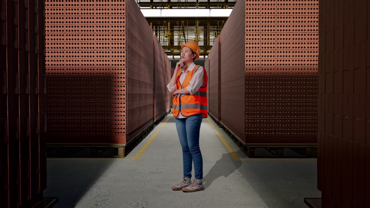 Full Body Side View Of Asian Female Engineer With Safety Helmet Thinking And Looking Around Then Raising Her Index Finger While Standing With Red Brick Packed in Stacks Are Stored
