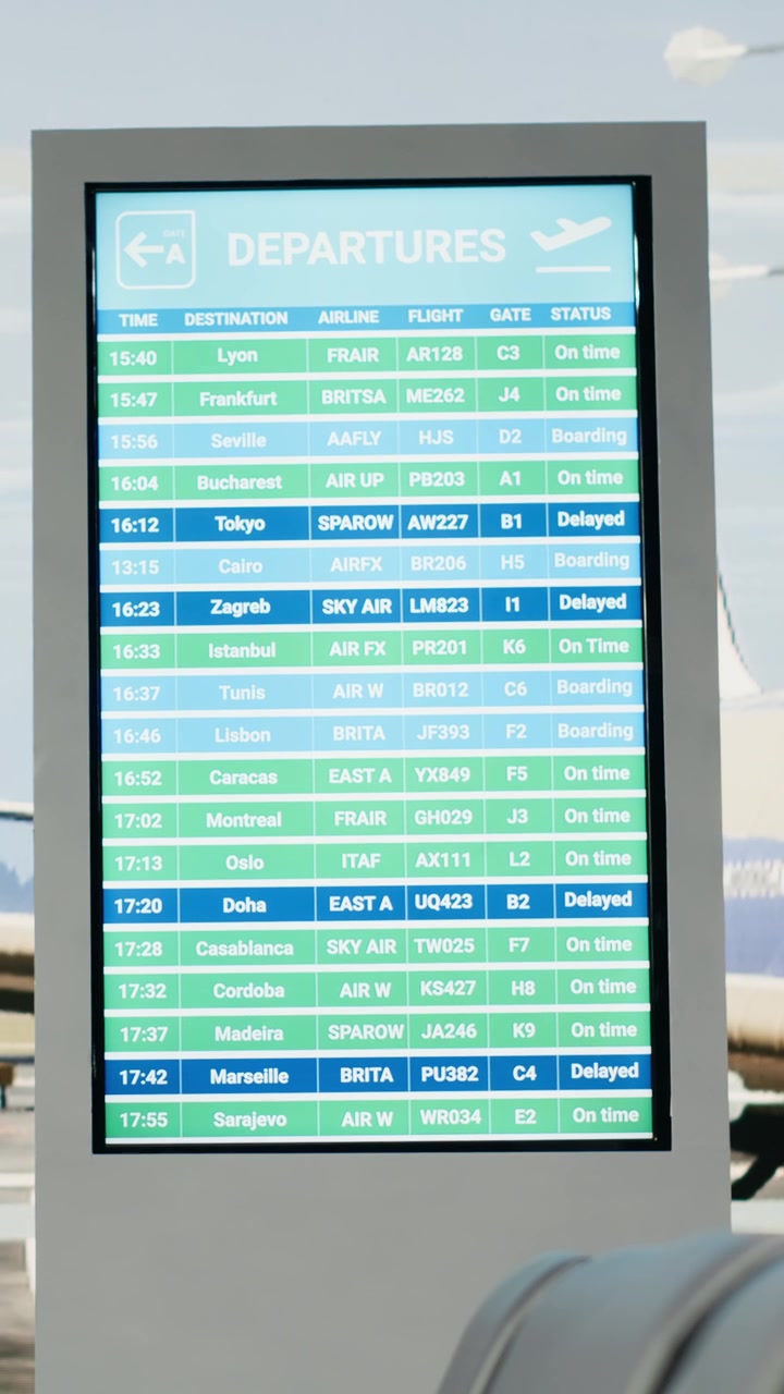 Video vertical: Sala de embarque de aeropuerto vacía con pantalla digital mostrando información de vuelos.