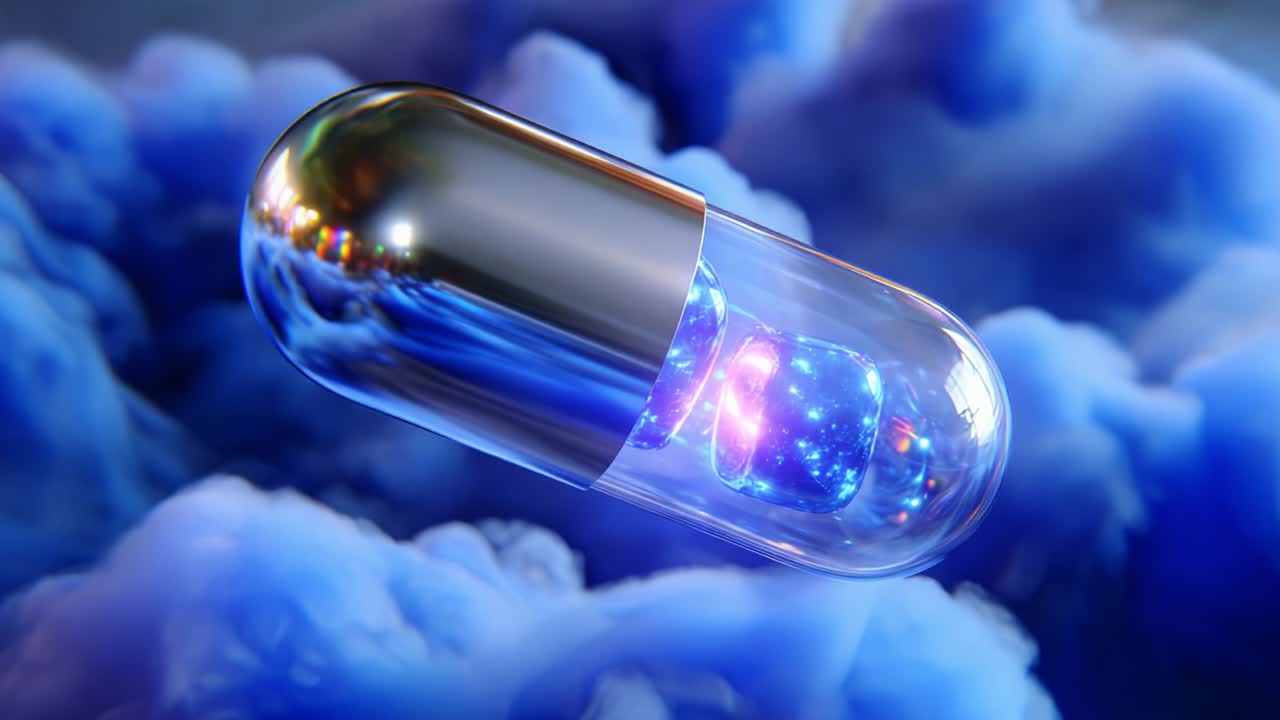 A mesmerizing visual representation of a translucent capsule filled with swirling blue particles, hovering gracefully amidst a backdrop of soft, cloud-like formations, symbolizing innovation and technology in health