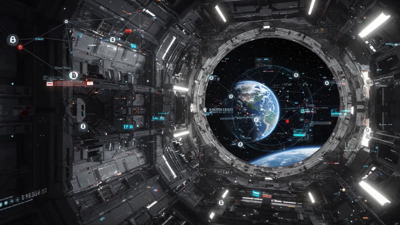 Uno sguardo mozzafiato alla Terra da un osservatorio spaziale ad alta tecnologia con interfaccia avanzata e sovrapposizione di dati, che mostra la bellezza del nostro pianeta visto dall'orbita