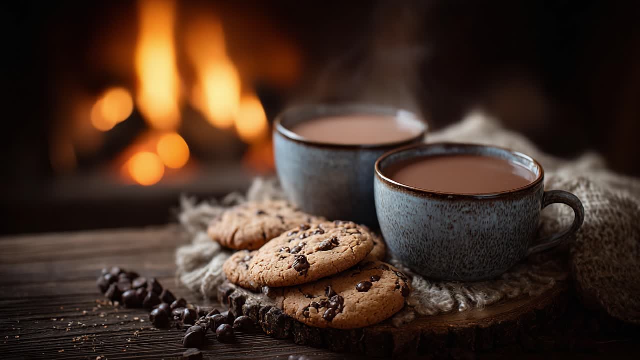 Momentos Acogedores: Disfrutando de Bebidas Calientes de Chocolate y Galletas Recién Horas junto a la Chimenea para una Experiencia Reconfortante