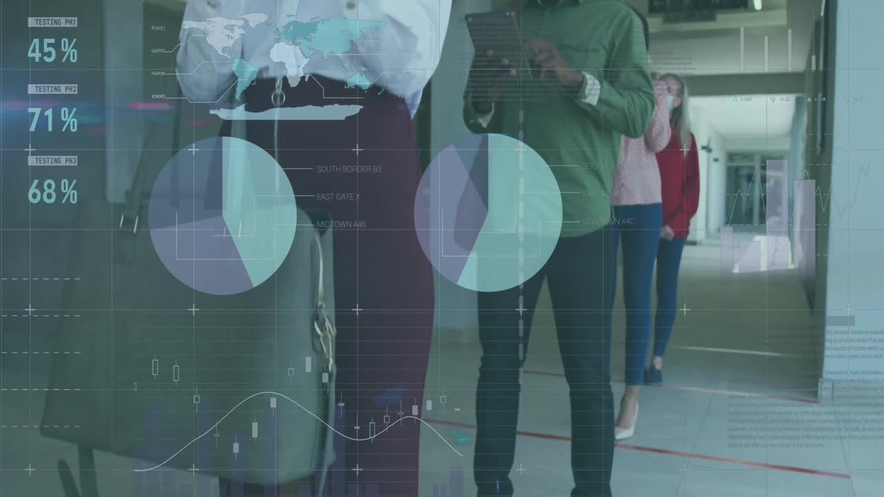 animación del procesamiento de estadísticas sobre personas de negocios que usan máscaras faciales en la oficina