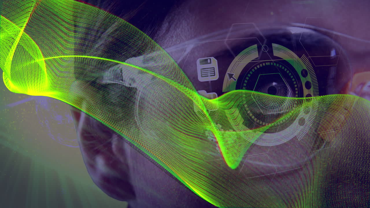 animación de onda digital amarilla de neón contra el primer plano de una mujer caucásica que lleva gafas futuristas