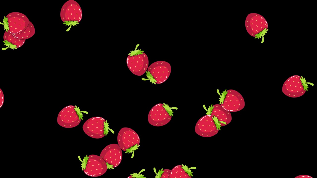 Stylized red strawberries fall vertically through black space in a continuous loop animation.