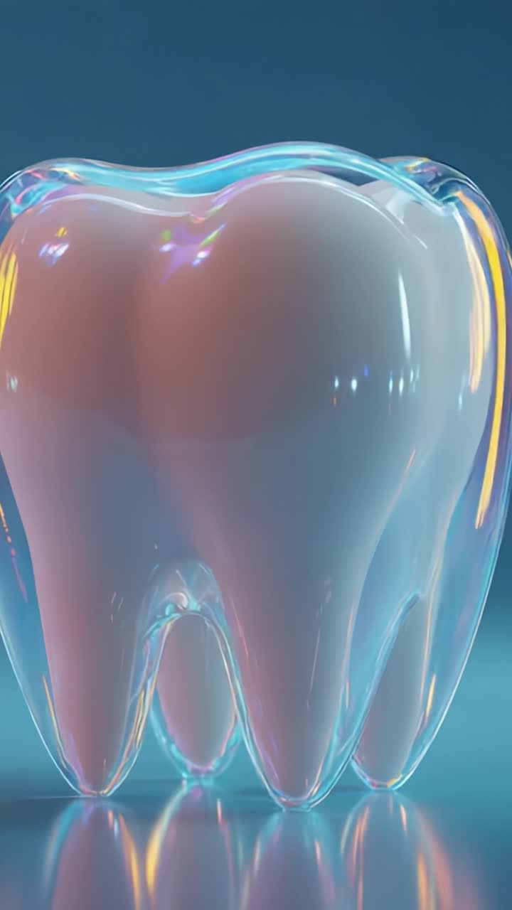 Una straordinaria rappresentazione visiva di un dente con finitura lucida, che ne mette in mostra la struttura e le texture uniche con un tocco artistico moderno in un ambiente vivace