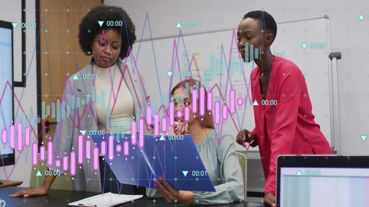 Analyzing financial data animation over diverse businesswomen collaborating in office