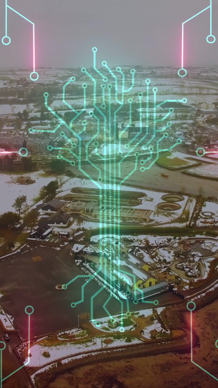 Vertical video: Faint cyan circle appearing, cyan circuit tree growing, pulsing, showing site net