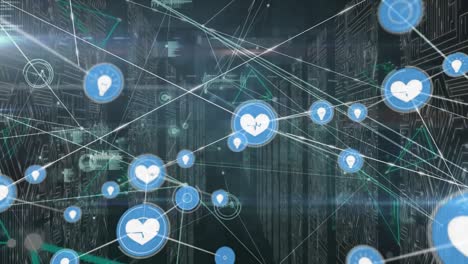 animation of connected icons and graphs with circuit board pattern against abstract background
