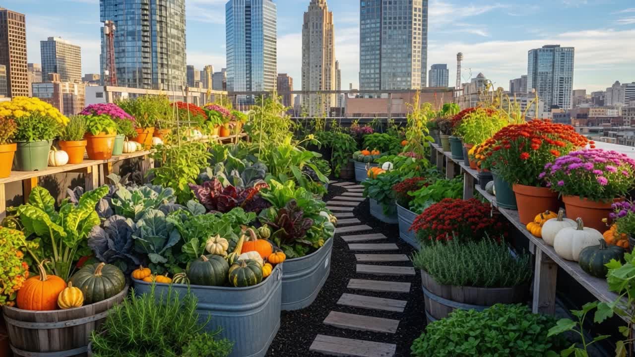 A Vibrant Rooftop Garden Flourishing Amidst Urban Skyscrapers, Showcasing Bountiful Vegetables and Colorful Flowers with a Serene Pathway for Exploration