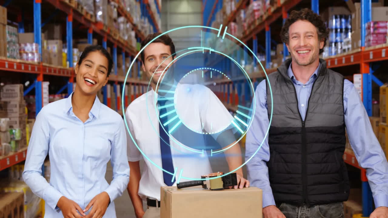 Diverse warehouse team smiling with digital data processing animation overlay