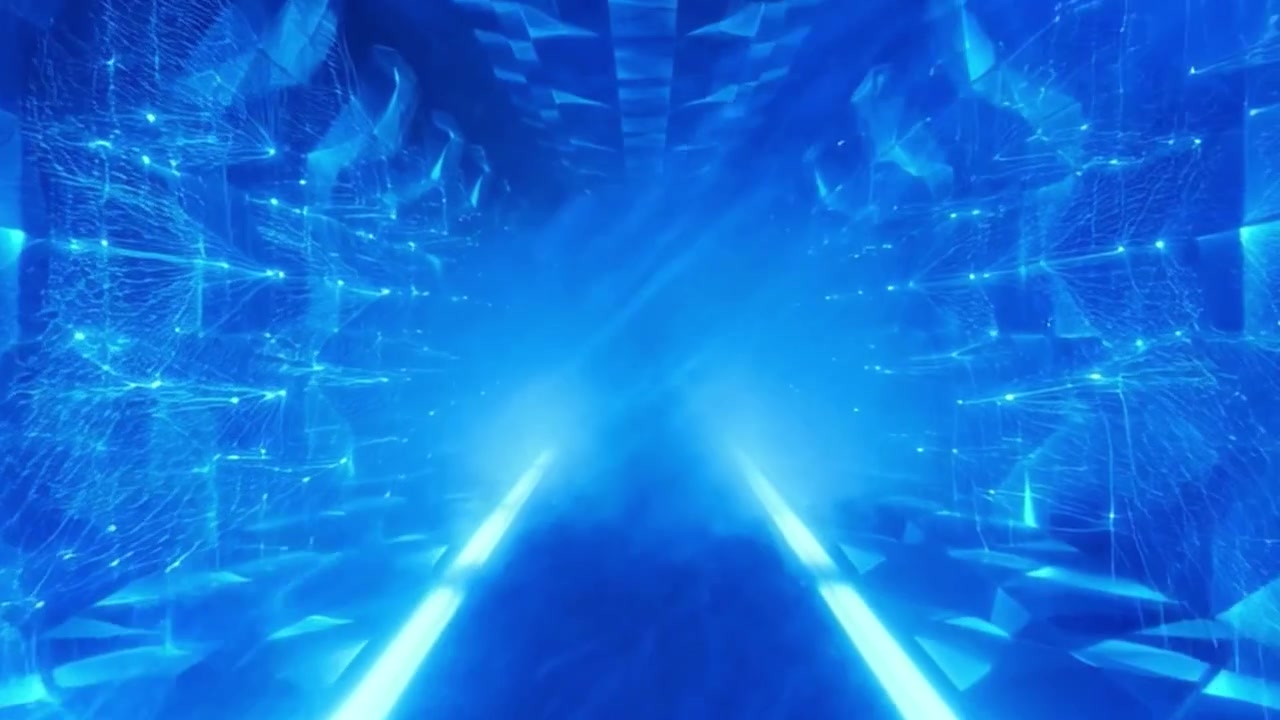 Abstract Digital Tunnel with Glowing Blue Geometric Patterns and Light Streaks