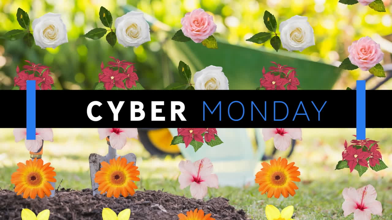 animación digital de cyber monday banner de texto sobre múltiples iconos de flores coloridas contra el jardín