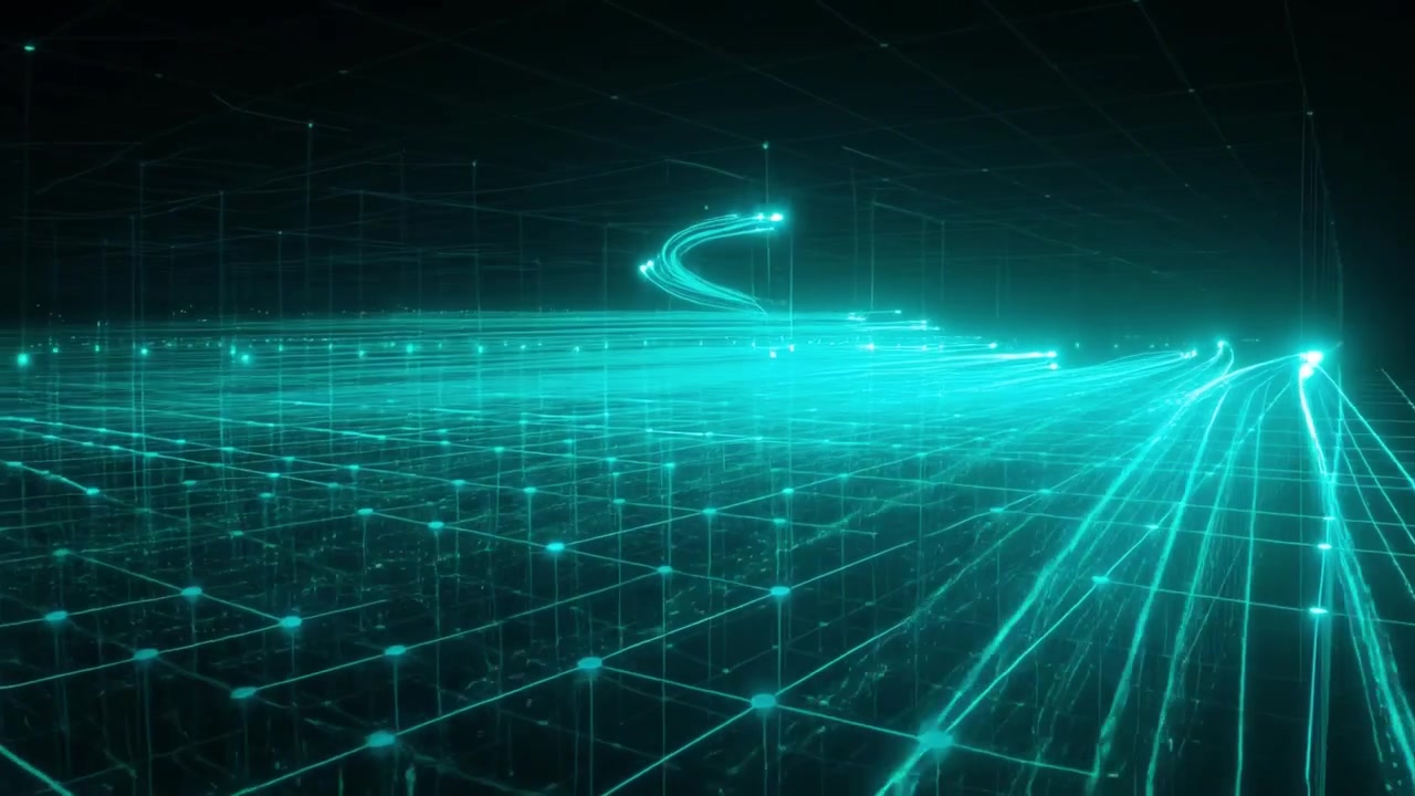 Glowing Digital Network Grid with Data Stream Connections
