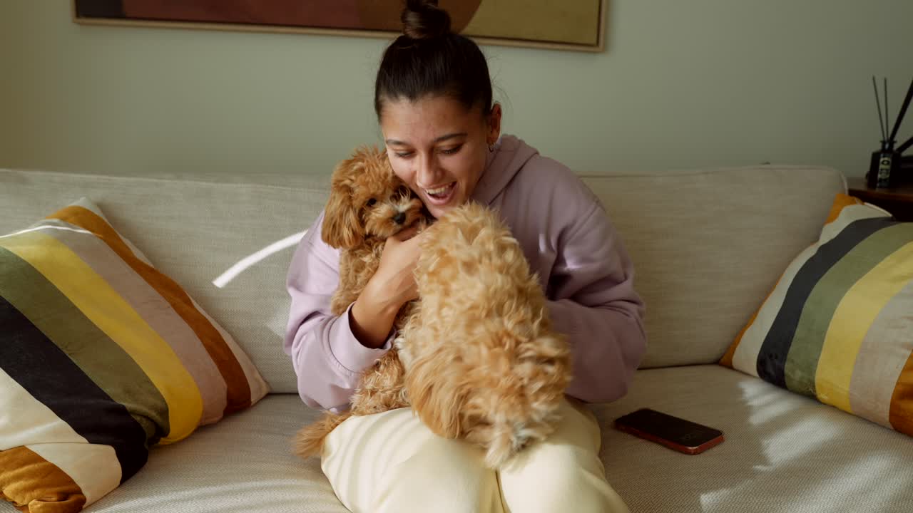 Happy Young Woman Cuddling and Playing with Two Cute Puppies on Sofa
