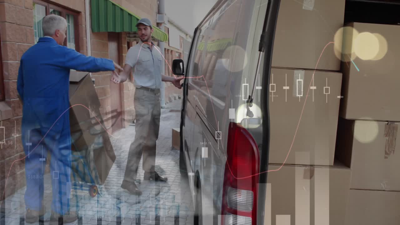 Animation of statistics and financial data processing over delivery man and van